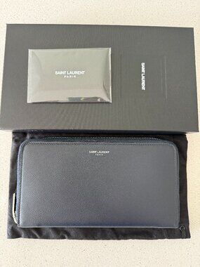 Saint Laurent Zip Around Wallet Navy Grained Leather Full Set